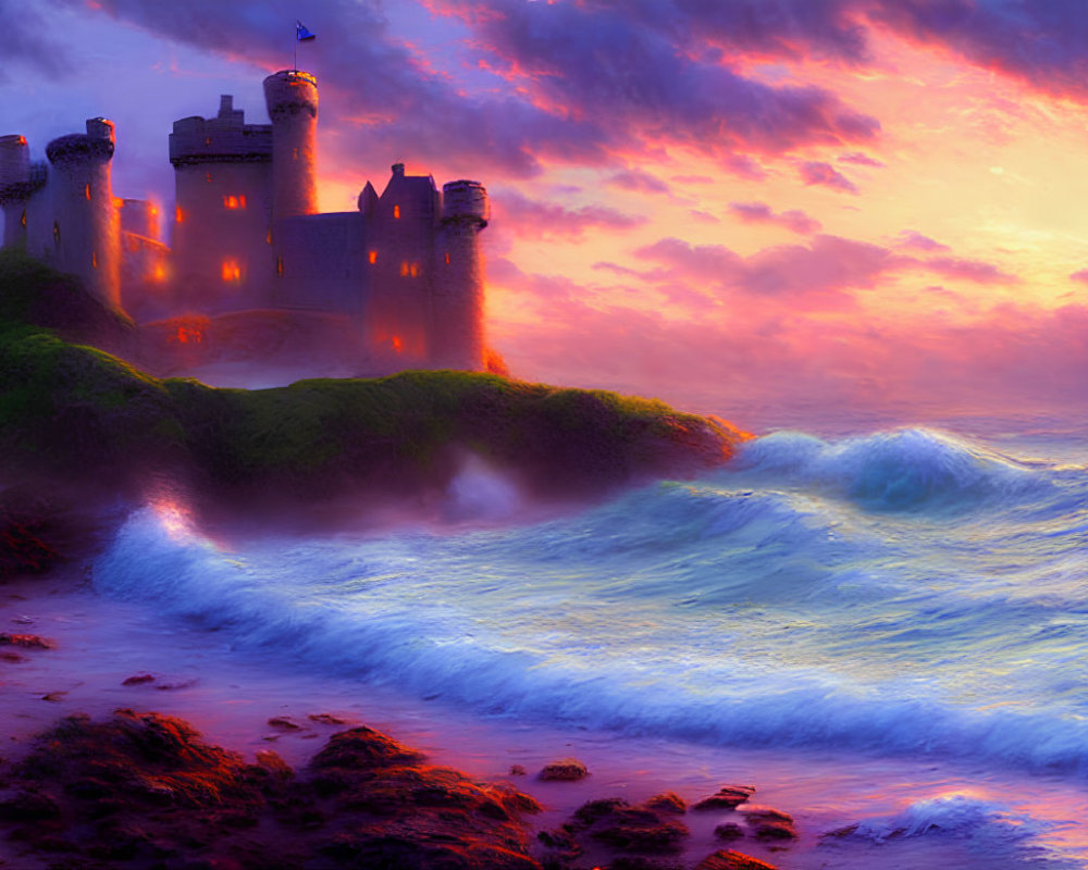 Majestic castle on lush hill by ocean at vibrant sunset