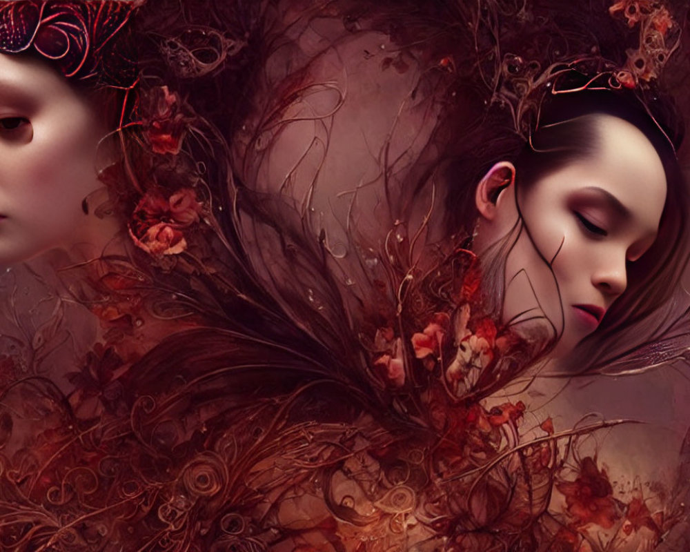 Digital artwork: Two female figures merging with autumn floral elements