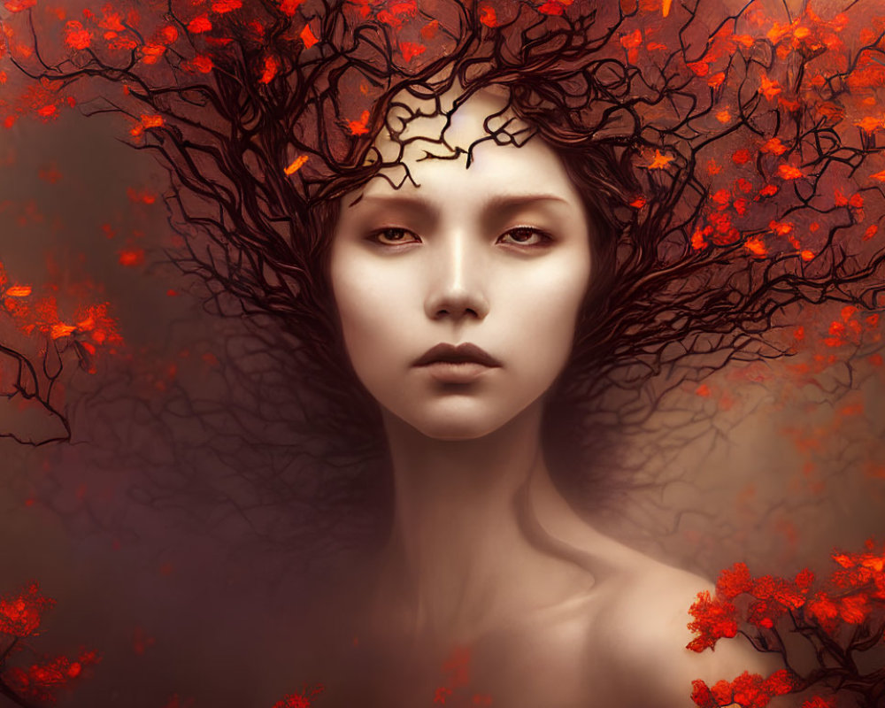 Surreal portrait of woman with tree branch hair and red leaves on smoky background