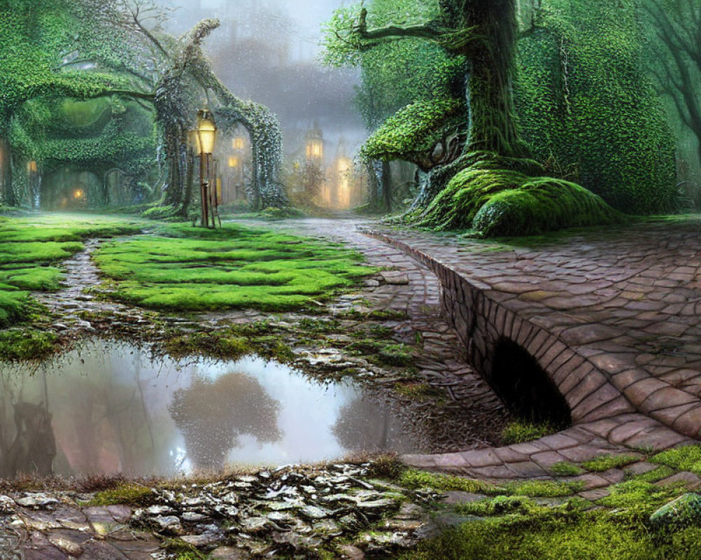 Enchanting forest path with cobblestone bridge and whimsical tree-shaped houses