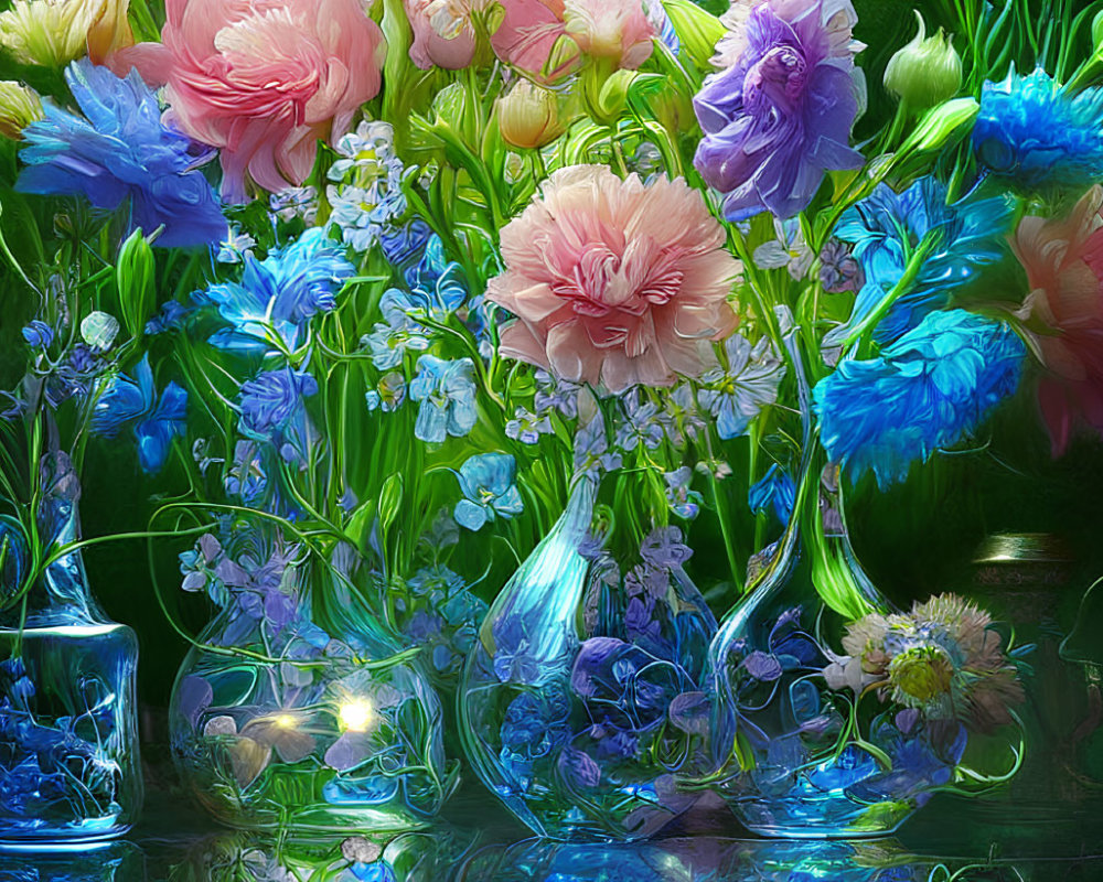Colorful Tulips and Peonies in Glass Vases on Reflective Surface