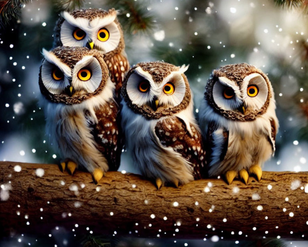 Four cute owls on snowy pine branch.