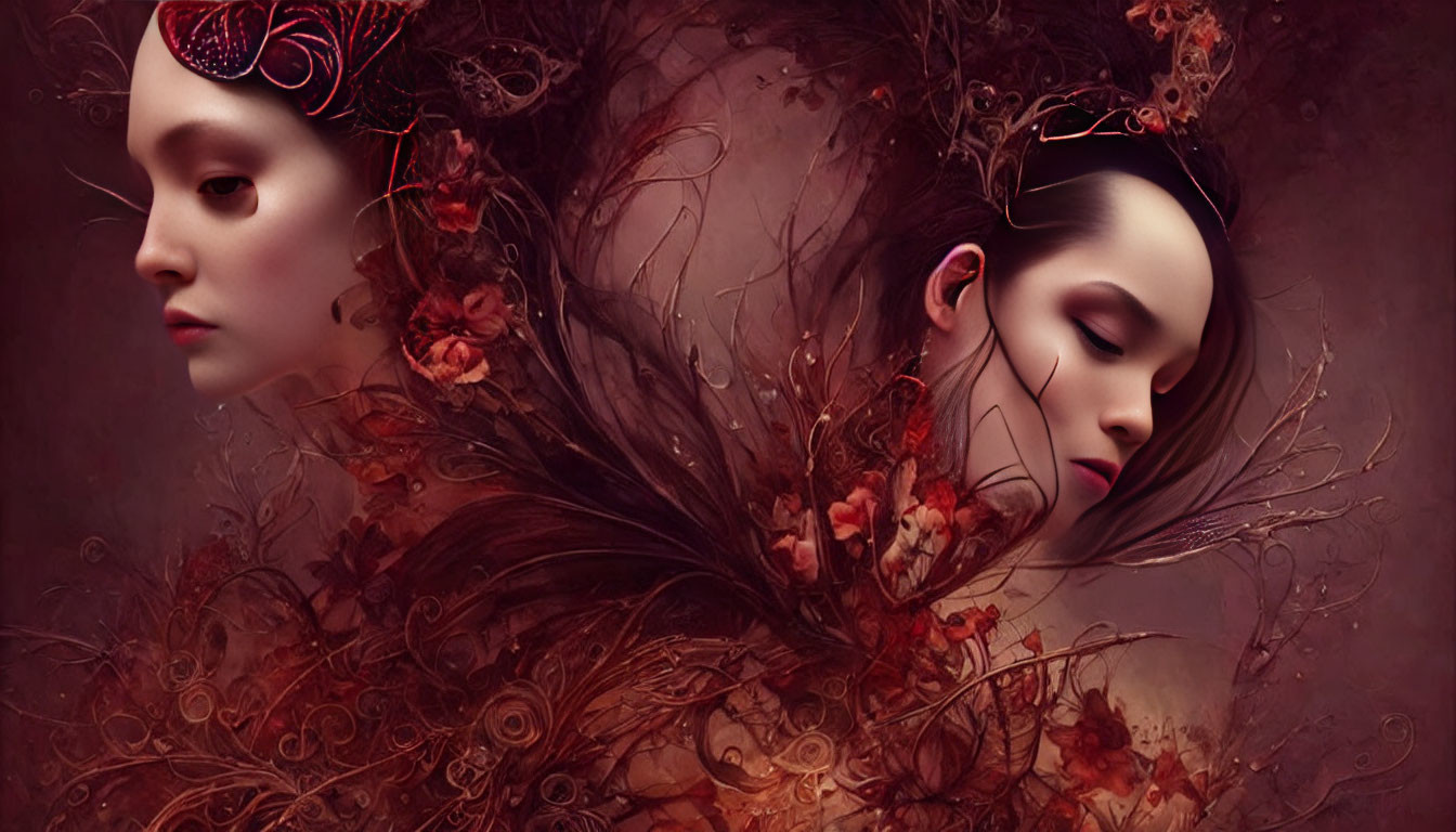 Digital artwork: Two female figures merging with autumn floral elements
