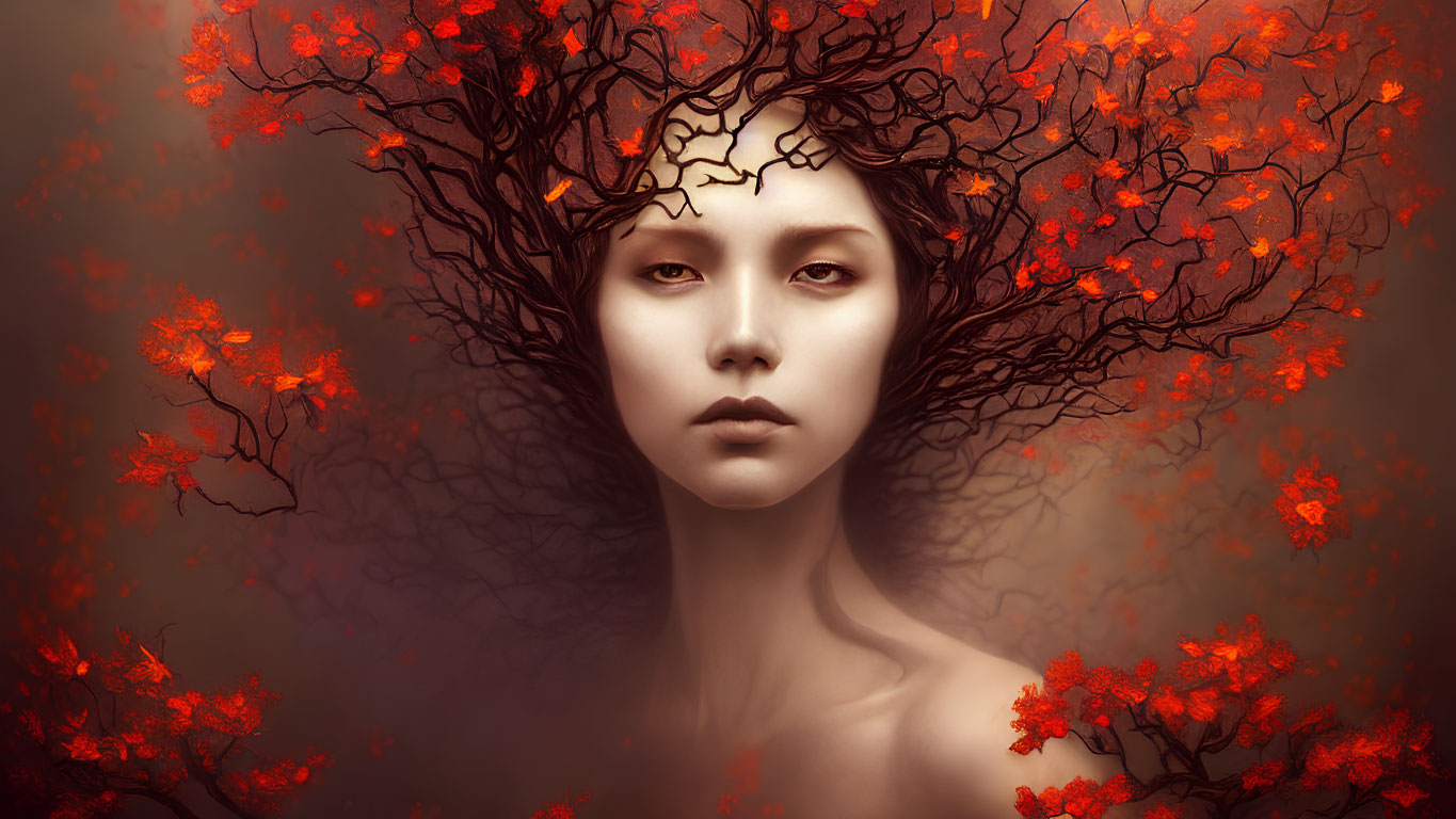 Surreal portrait of woman with tree branch hair and red leaves on smoky background
