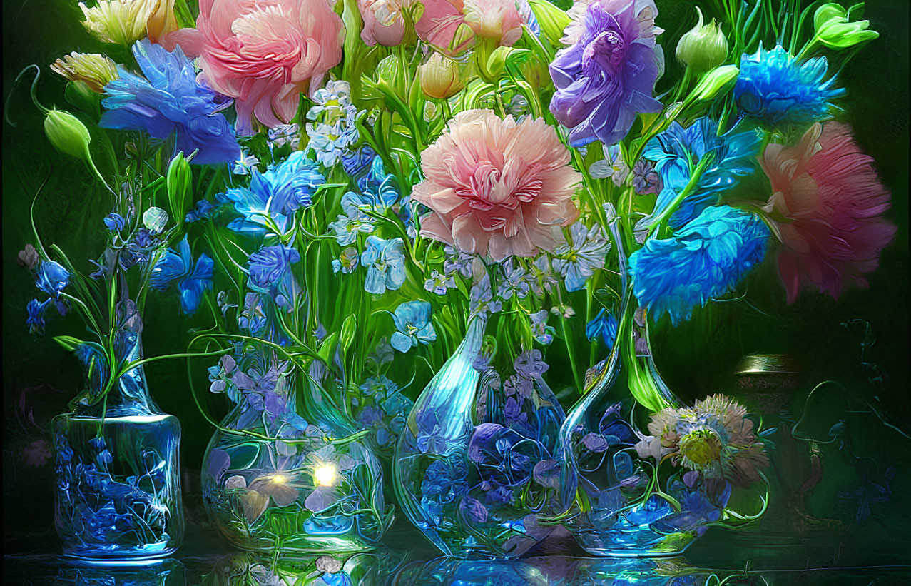 Colorful Tulips and Peonies in Glass Vases on Reflective Surface