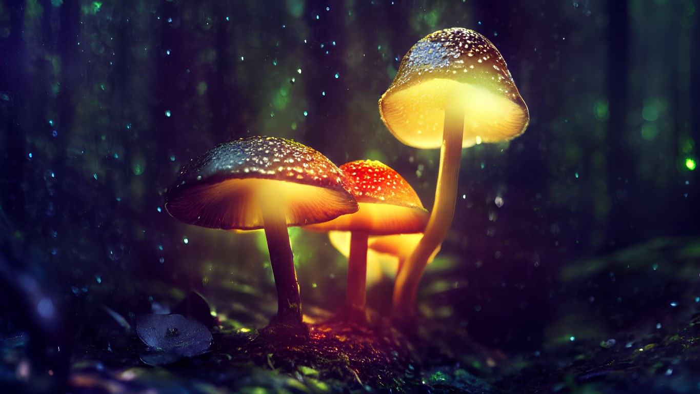 Glowing mushrooms in enchanted forest with magical ambiance