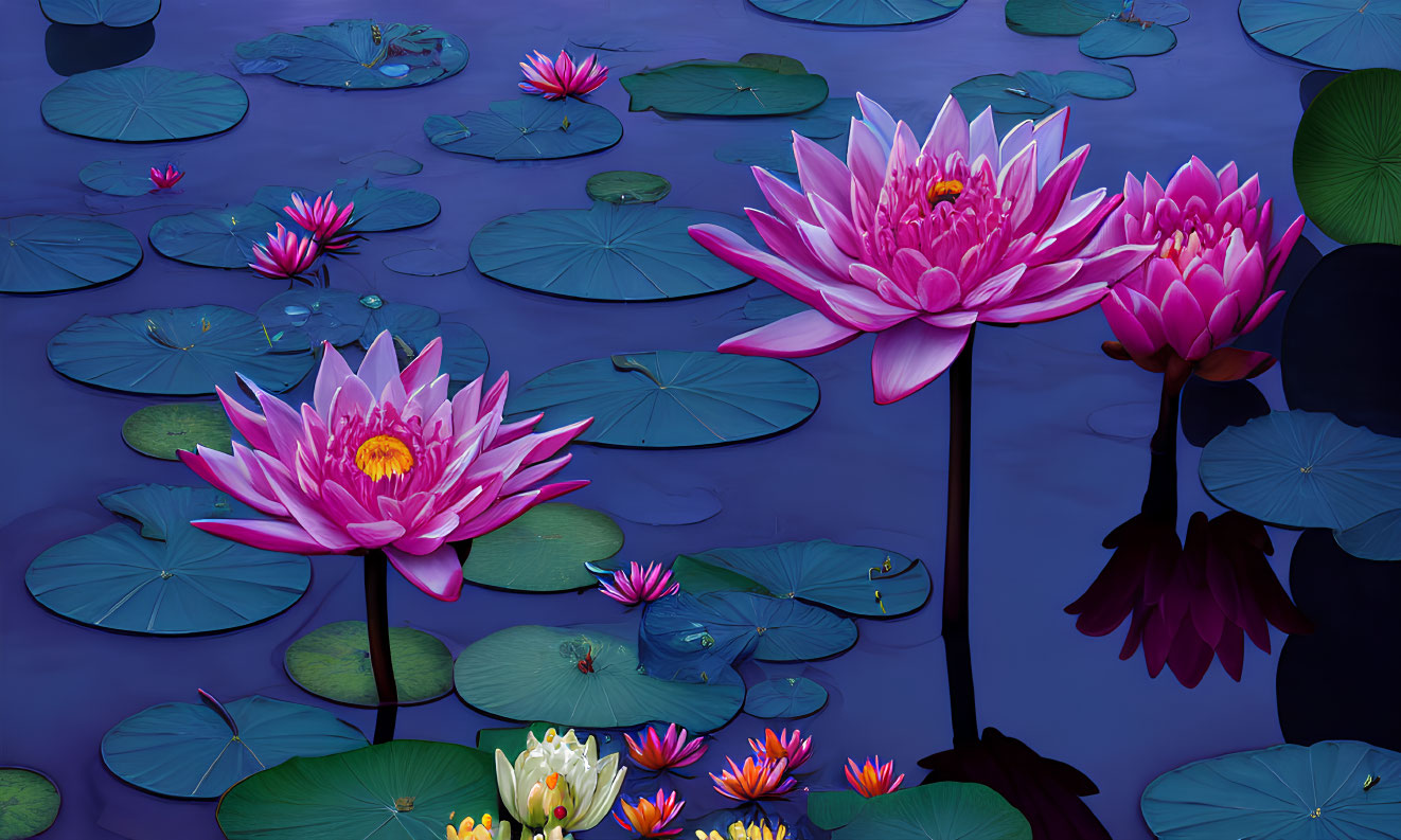 Pink Lotus Flowers Blooming in Dark Blue Water