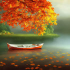 Tranquil autumn lake with red canoe, orange leaves, and fallen foliage