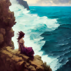 Woman with floral wreath overlooking turquoise ocean from cliff