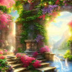 Colorful Fantasy Garden with Waterfalls and Stone Pathway