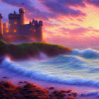 Majestic castle on lush hill by ocean at vibrant sunset