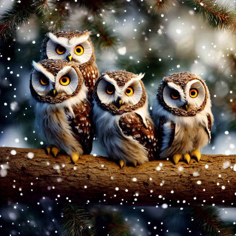 Four cute owls on snowy pine branch.