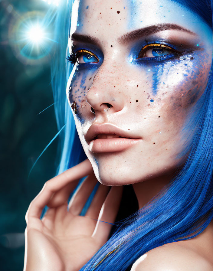 Portrait of woman with vibrant blue hair and butterfly-wing inspired makeup and freckles
