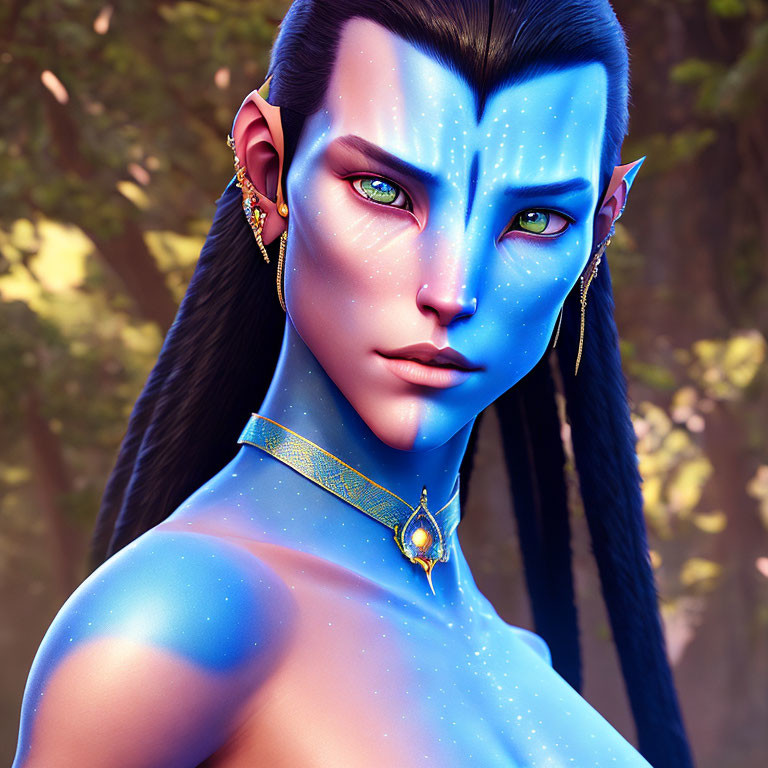 Blue-skinned Female Character with Pointed Ears and Yellow Eyes in Digital Portrait
