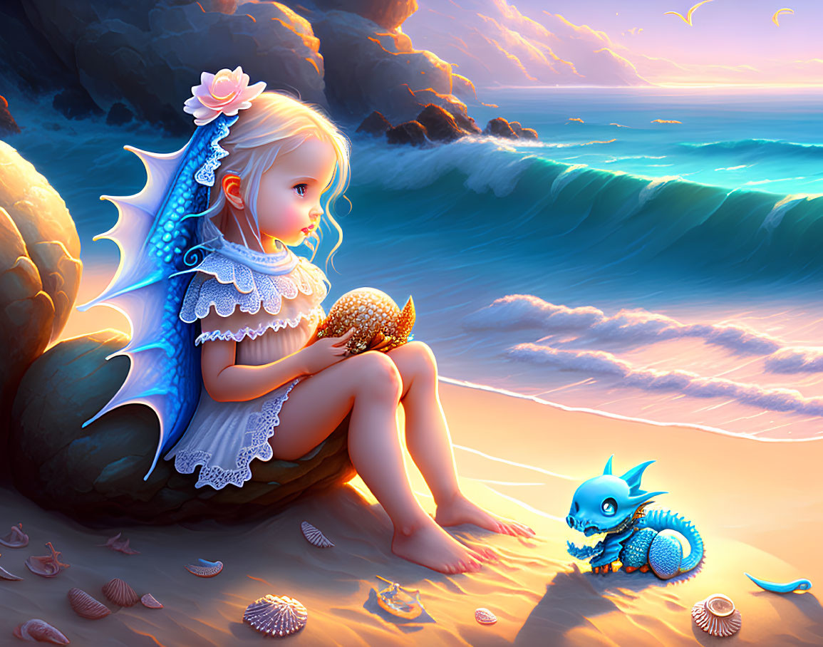 Young girl with dragon wings by the sea at sunset holding a starfish, with a blue dragon-like