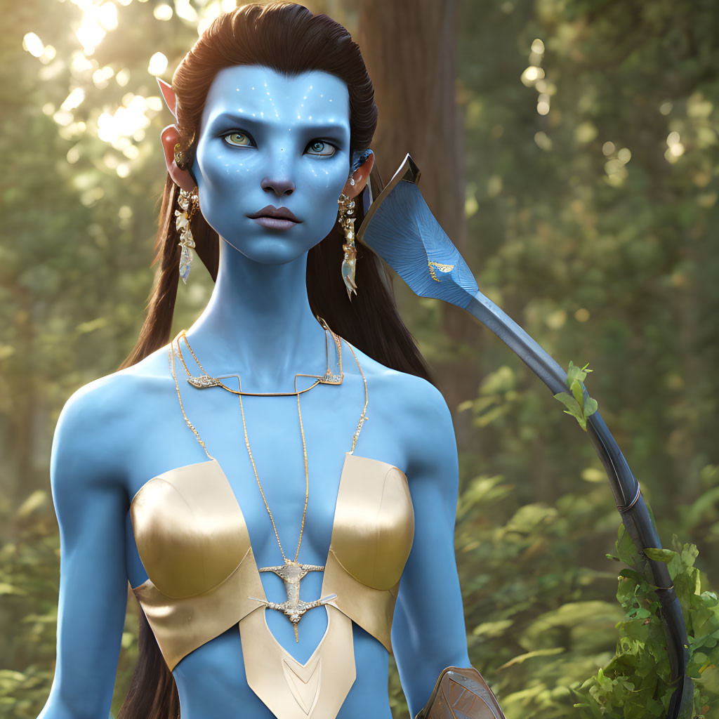 Blue-skinned female humanoid with pointy ears in forest holding bow and blue arrow