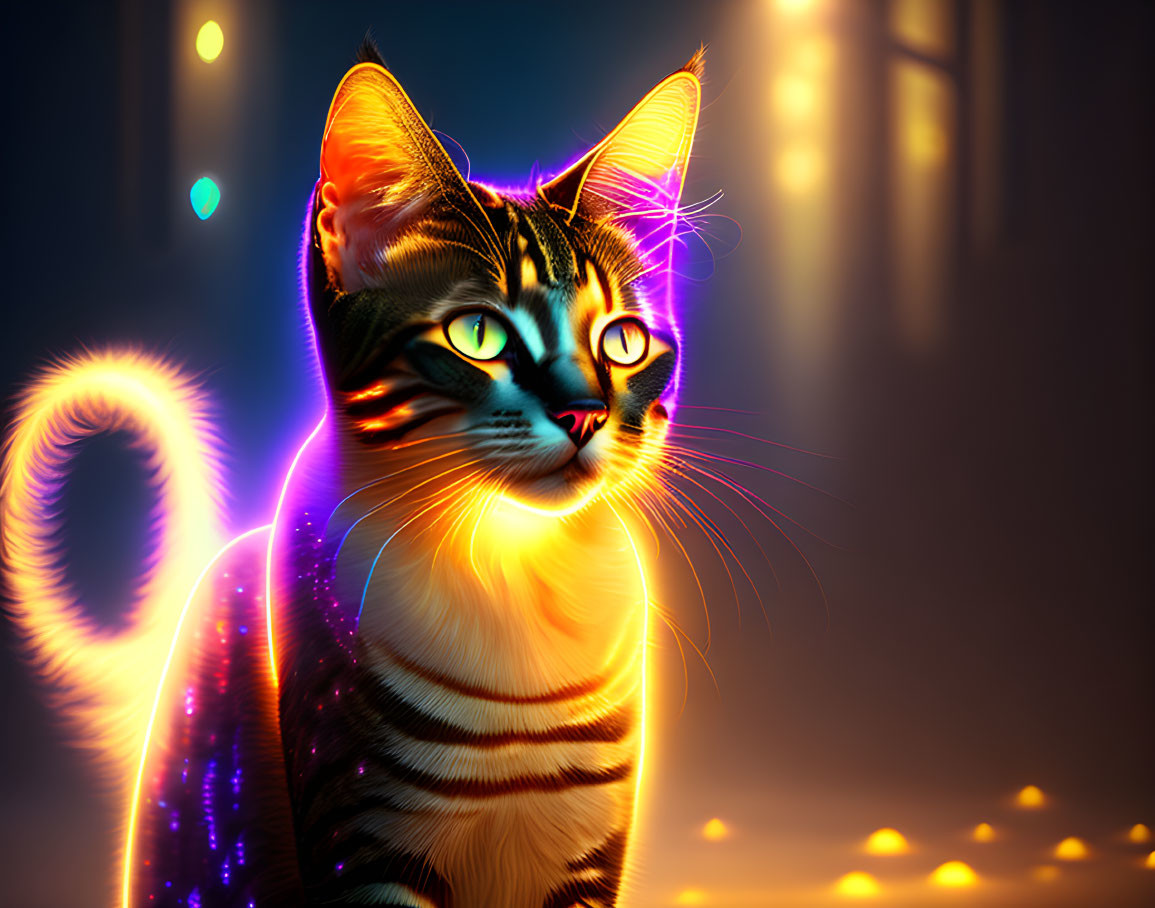 Luminous striped cat digital artwork with glowing eyes on blue backdrop