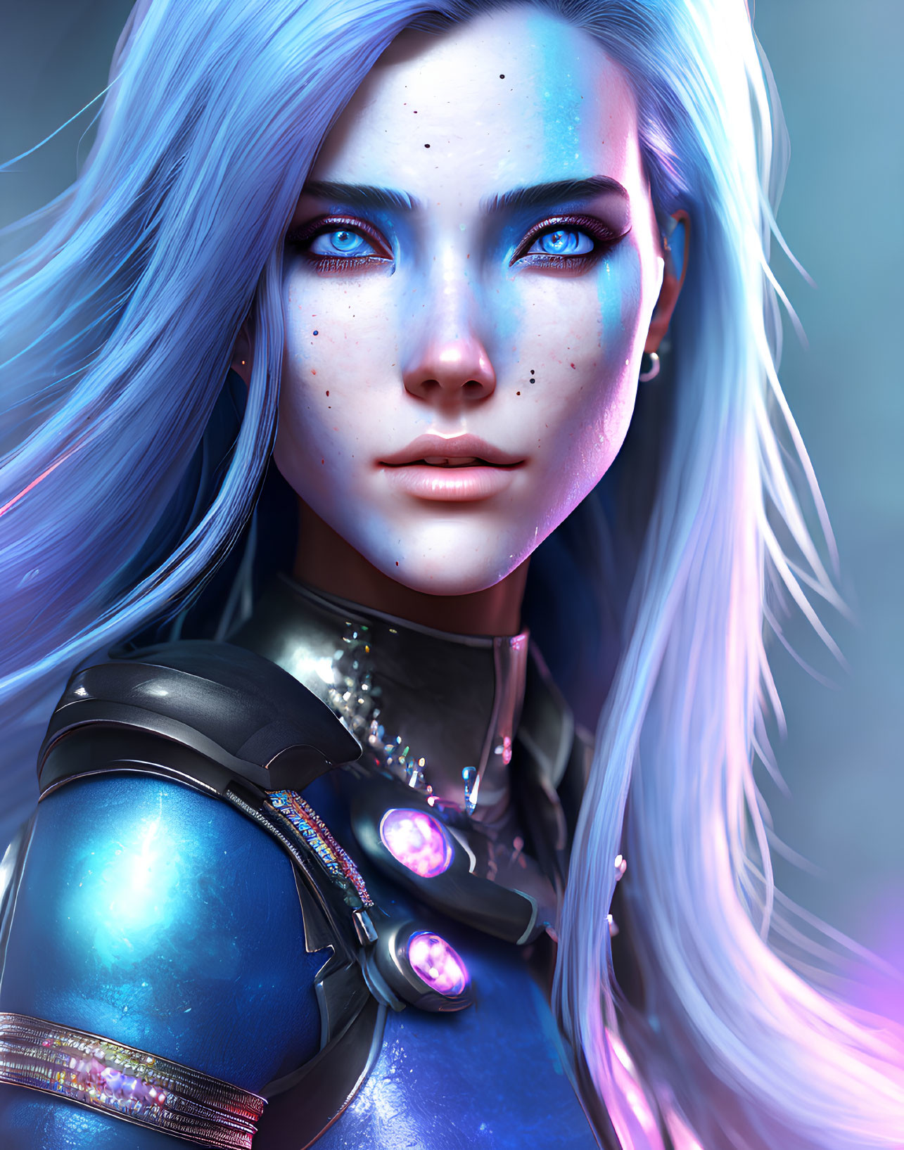 Digital artwork of woman with blue eyes, white hair, and futuristic armor