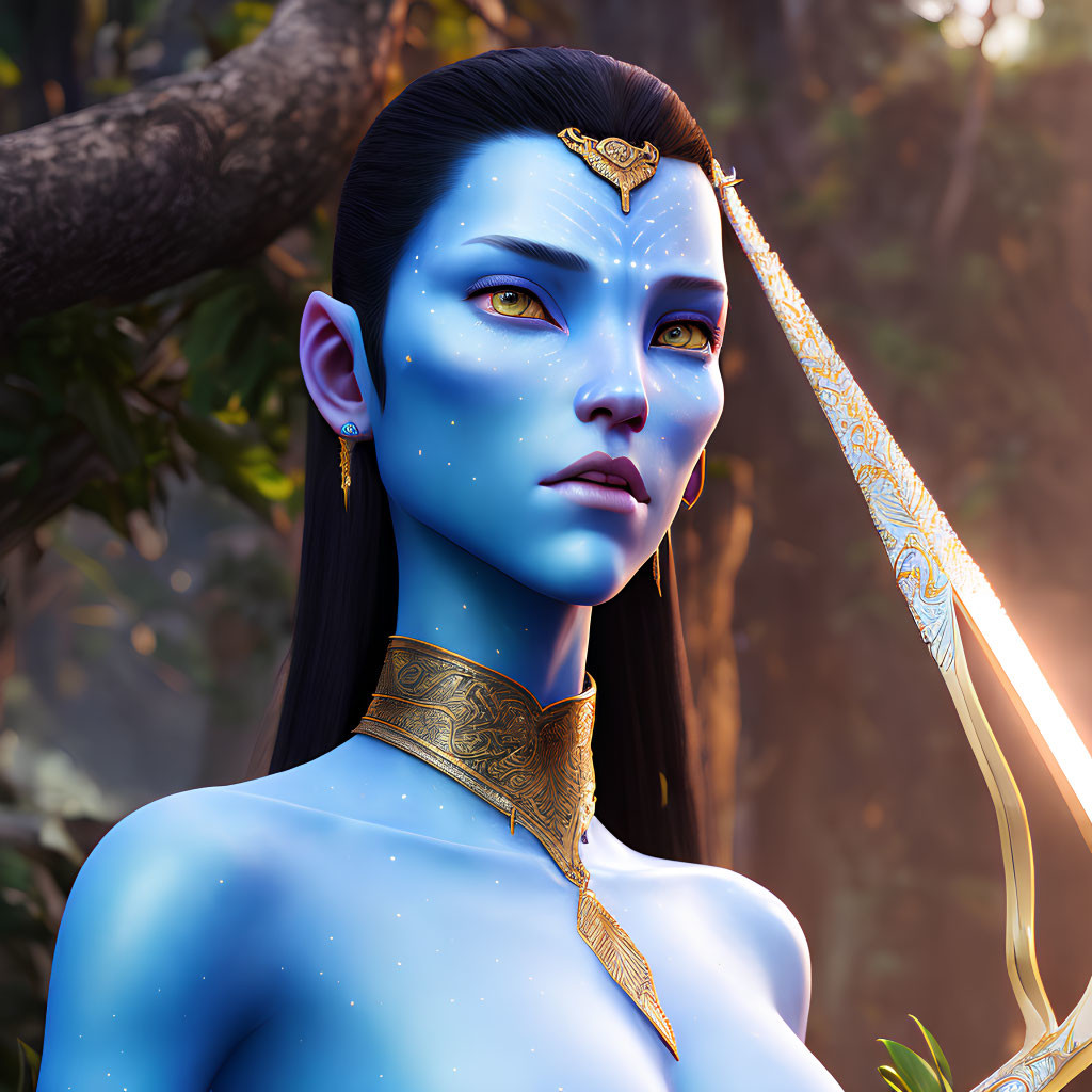 Blue-skinned mystical female character with star-like freckles in forest
