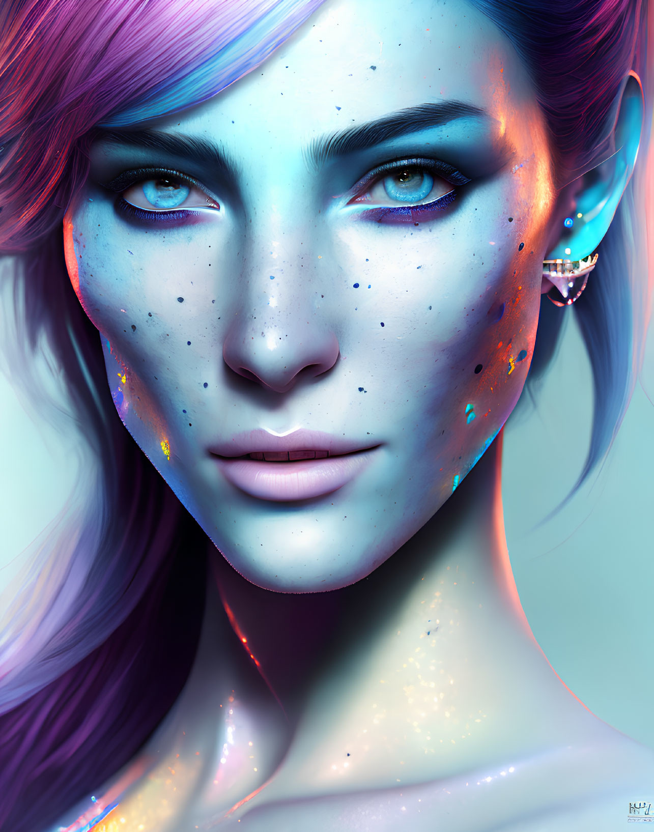 Colorful digital portrait featuring blue and pink tones, freckles, and blue eyes.