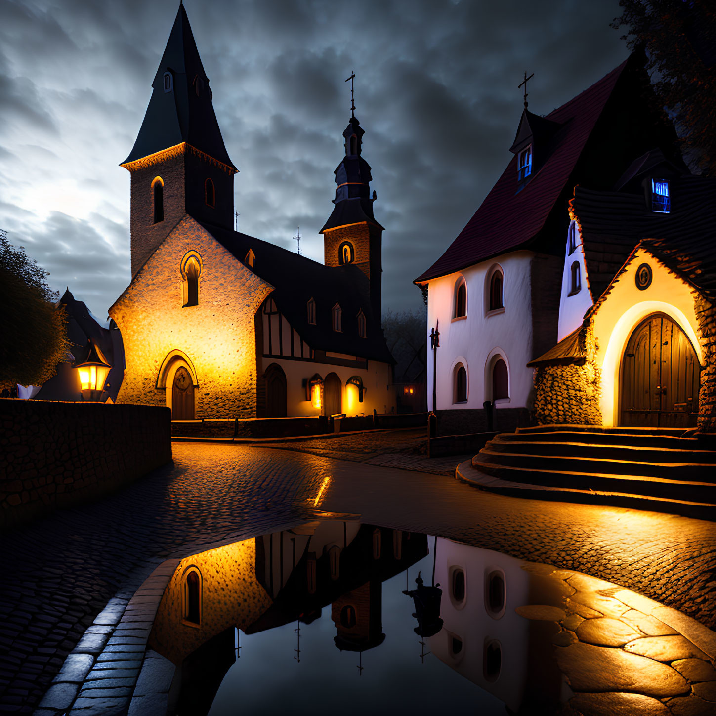 Medieval-style churches reflected in puddle on cobblestone street at night