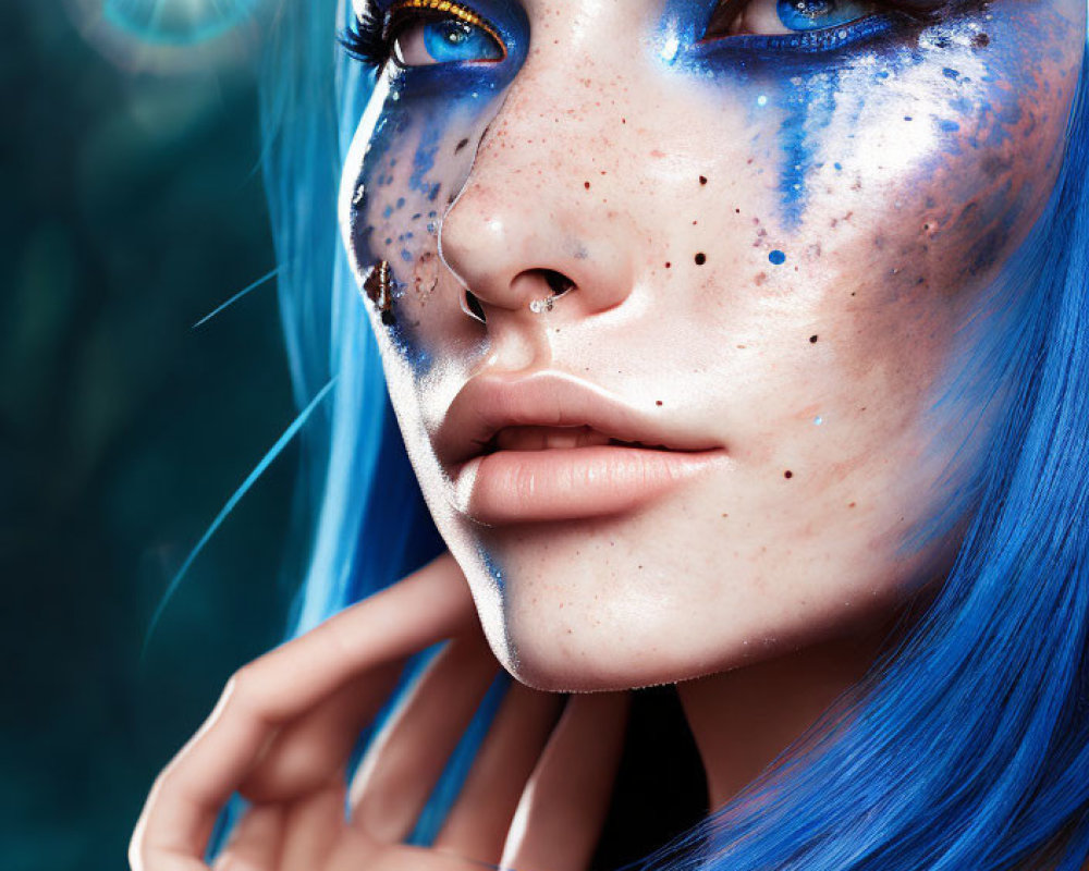 Portrait of woman with vibrant blue hair and butterfly-wing inspired makeup and freckles