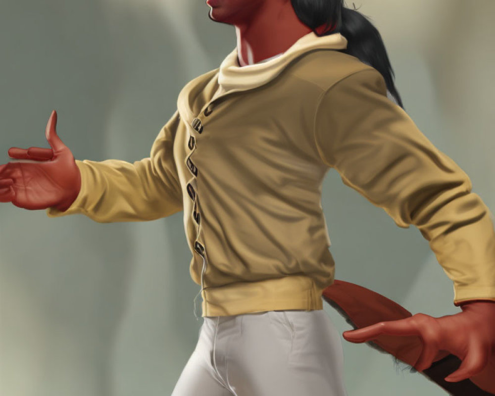 Fantasy character with horns and pointed ears in beige jacket and white pants