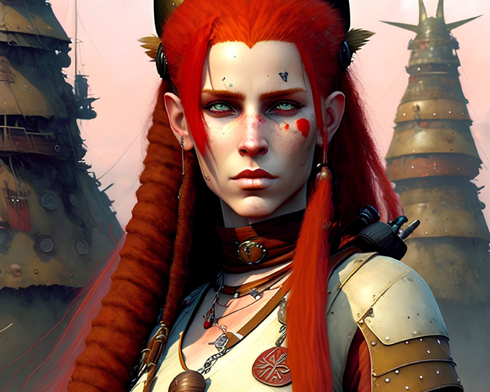 Red-Haired Fantasy Character with Horns and Tribal Face Paint in Armor against Industrial Background