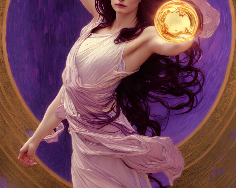 Mystical woman in white dress with golden coin in purple aura