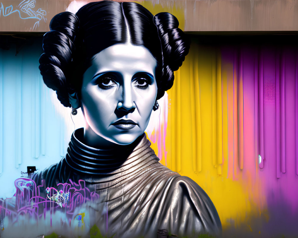 Graffiti portrait of woman with hair buns on vibrant paint background
