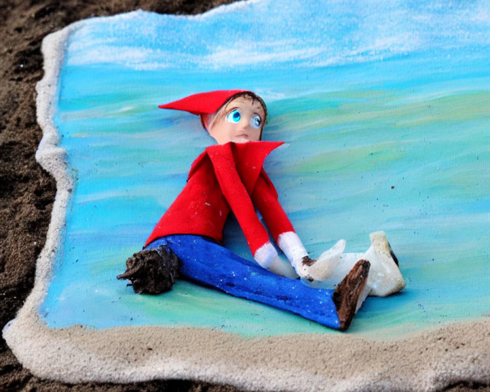 Toy Elf with Red Hat and Coat on Beach Towel with Bandage