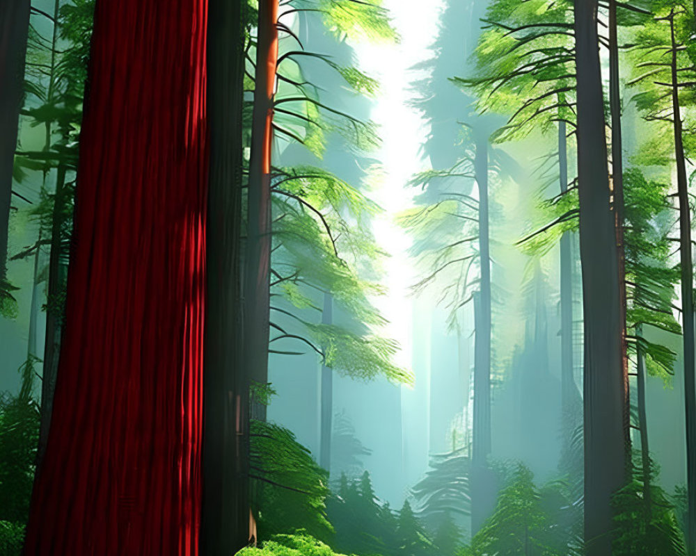 Majestic forest with tall trees, sunlight, and green foliage