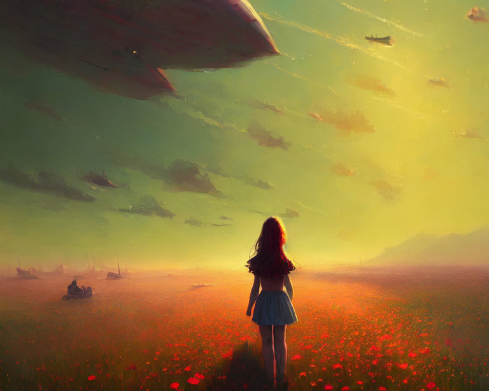 Girl in poppy field at sunset with floating ships in sky.