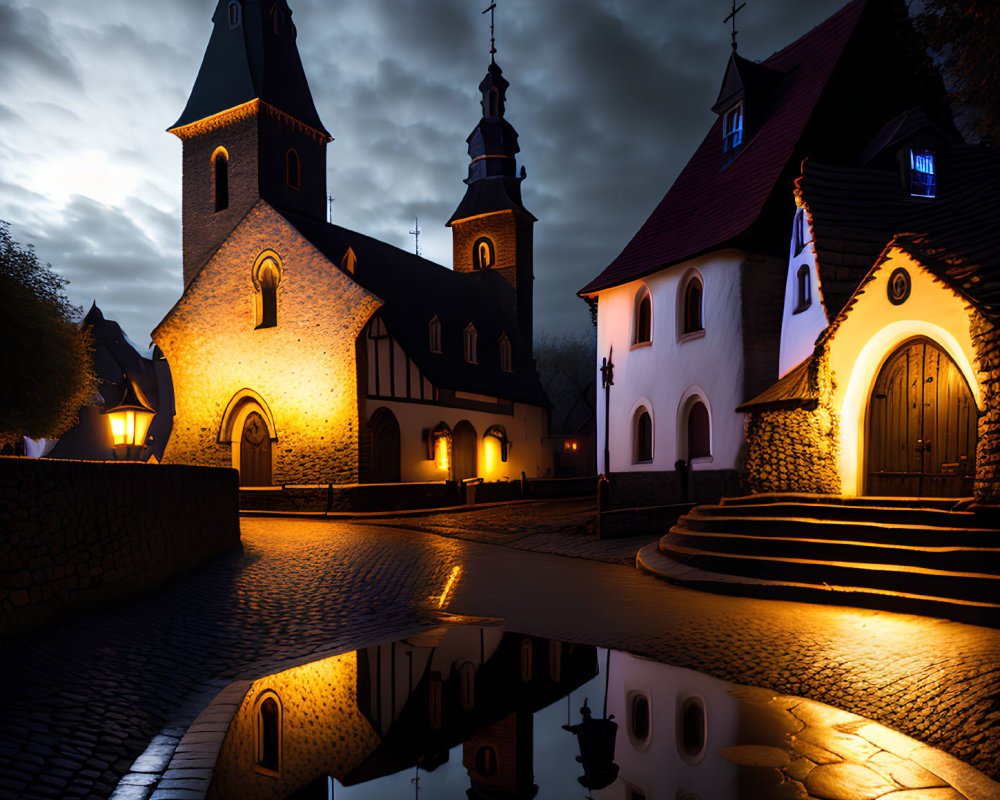 Medieval-style churches reflected in puddle on cobblestone street at night