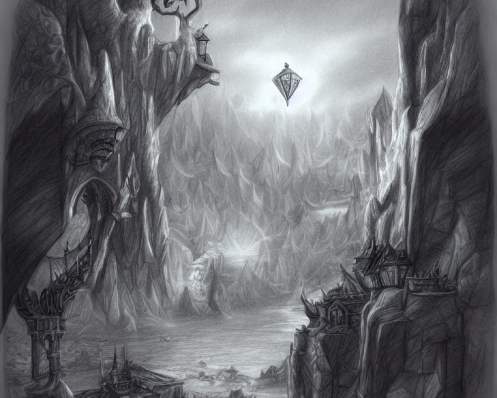 Monochrome fantasy sketch of mysterious rugged landscape with crystalline structures