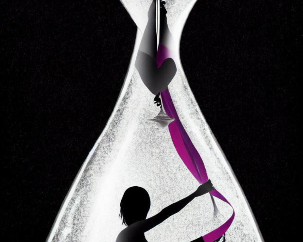 Illustration of woman meditating in hourglass with purple sand and flowers.