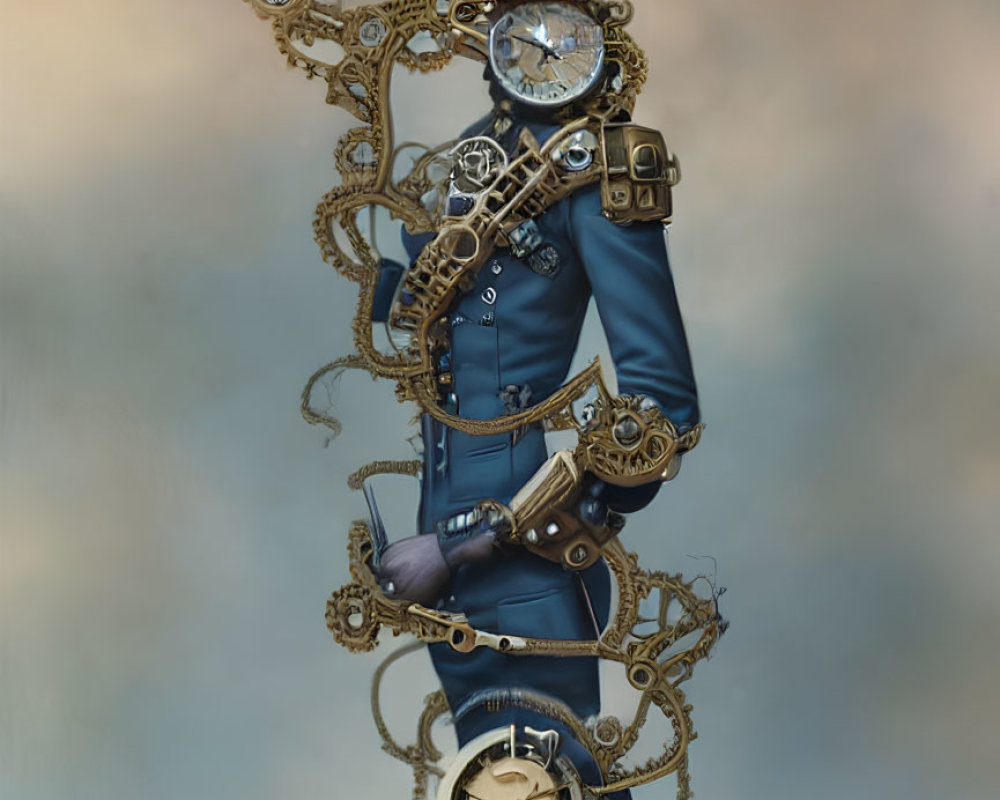 Steampunk-style digital artwork of figure with gear body and blue uniform