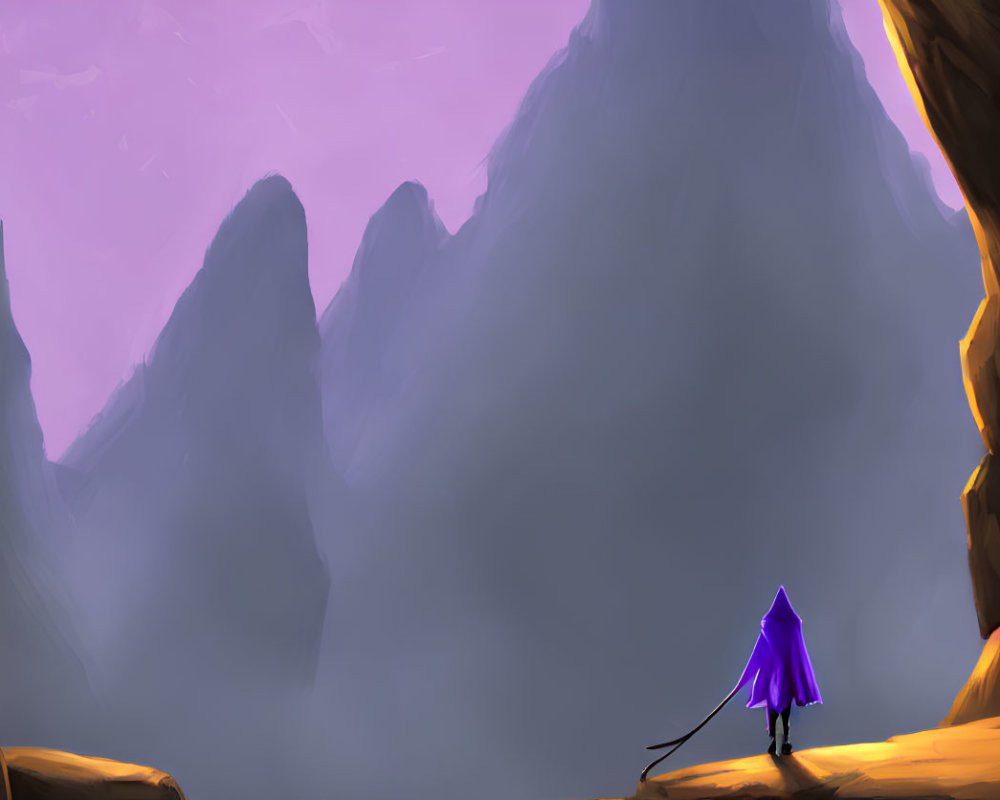 Cloaked figure on rocky ledge gazes at misty chasm and purple mountains
