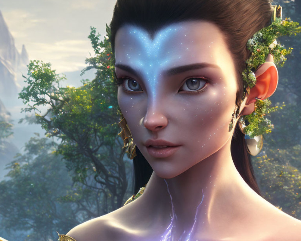 Female elf portrait with blue constellation markings, leaf-adorned ears, and forest backdrop