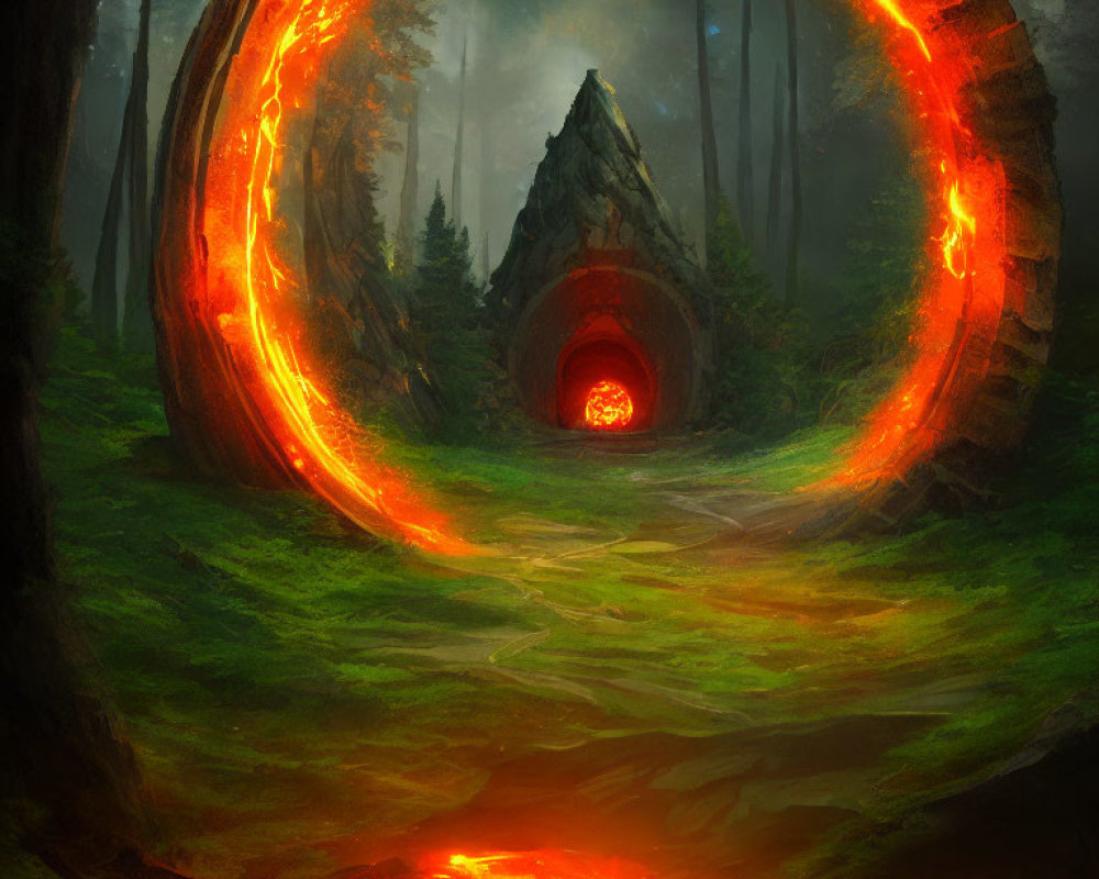 Mystical fiery portal in dense forest leads to ominous glowing cave