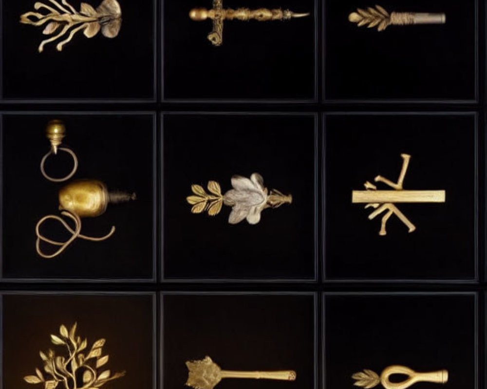 Nine ornate vintage keys on black background.