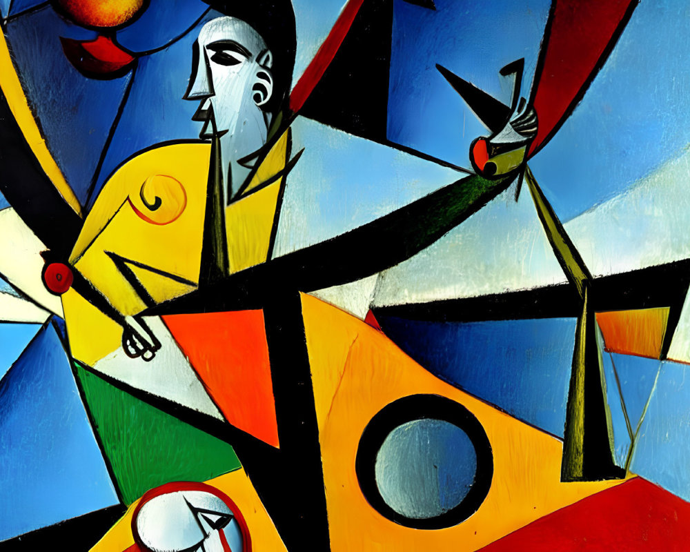 Colorful Cubist Painting with Geometric Shapes and Fragmented Figures