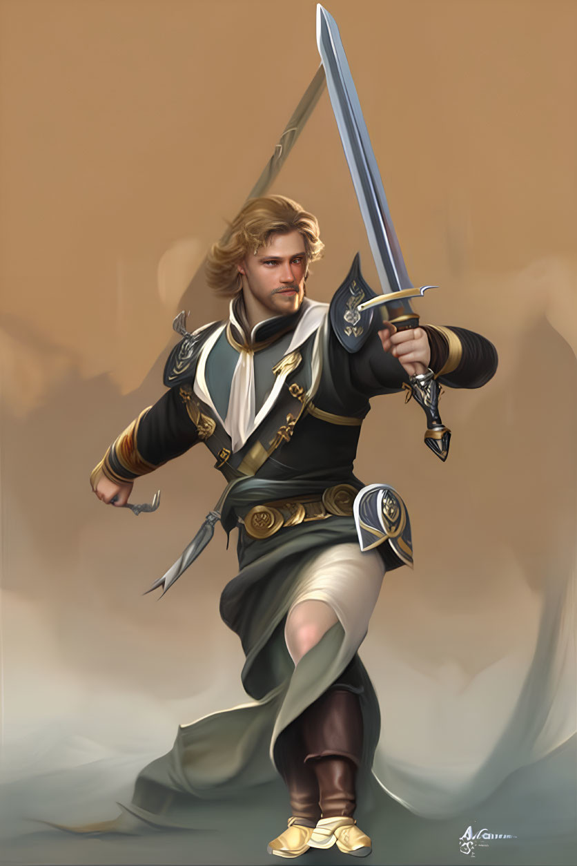 Heroic figure with long blonde hair wields sword in black and gold outfit