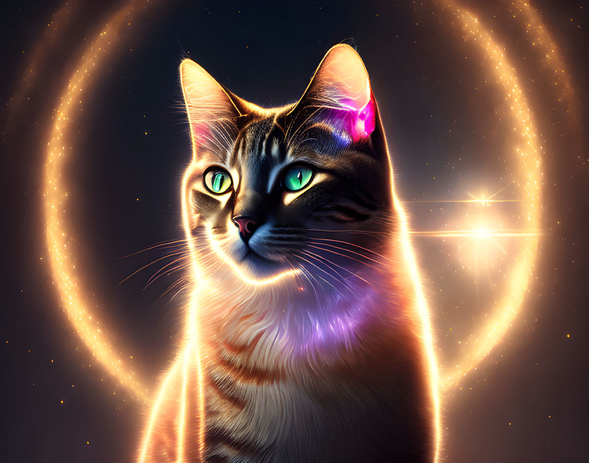 Mystical cat digital art with green eyes and golden halo