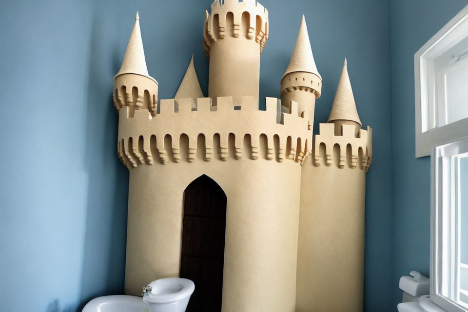 Sandcastle-themed Castle Bathroom Decor on Blue Wall