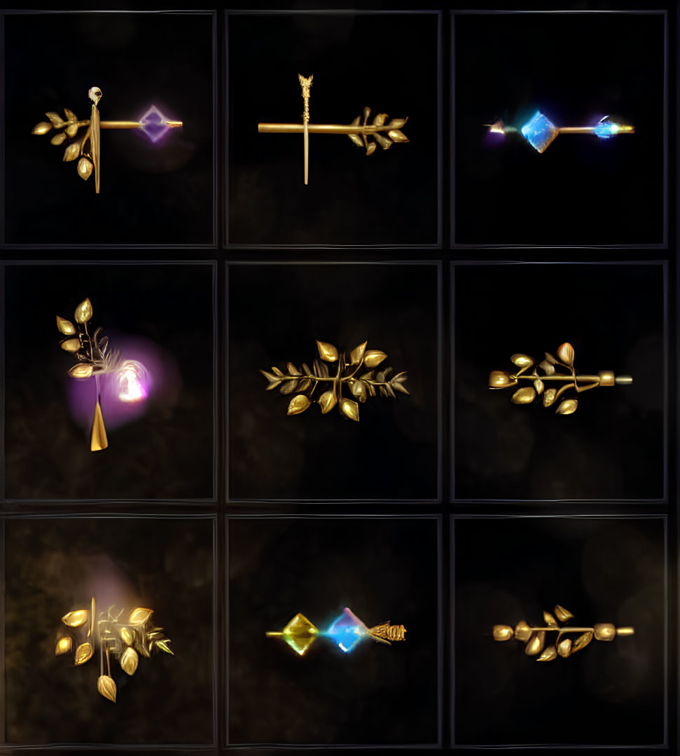 Golden wands with magical motifs and gems on dark background in unique designs