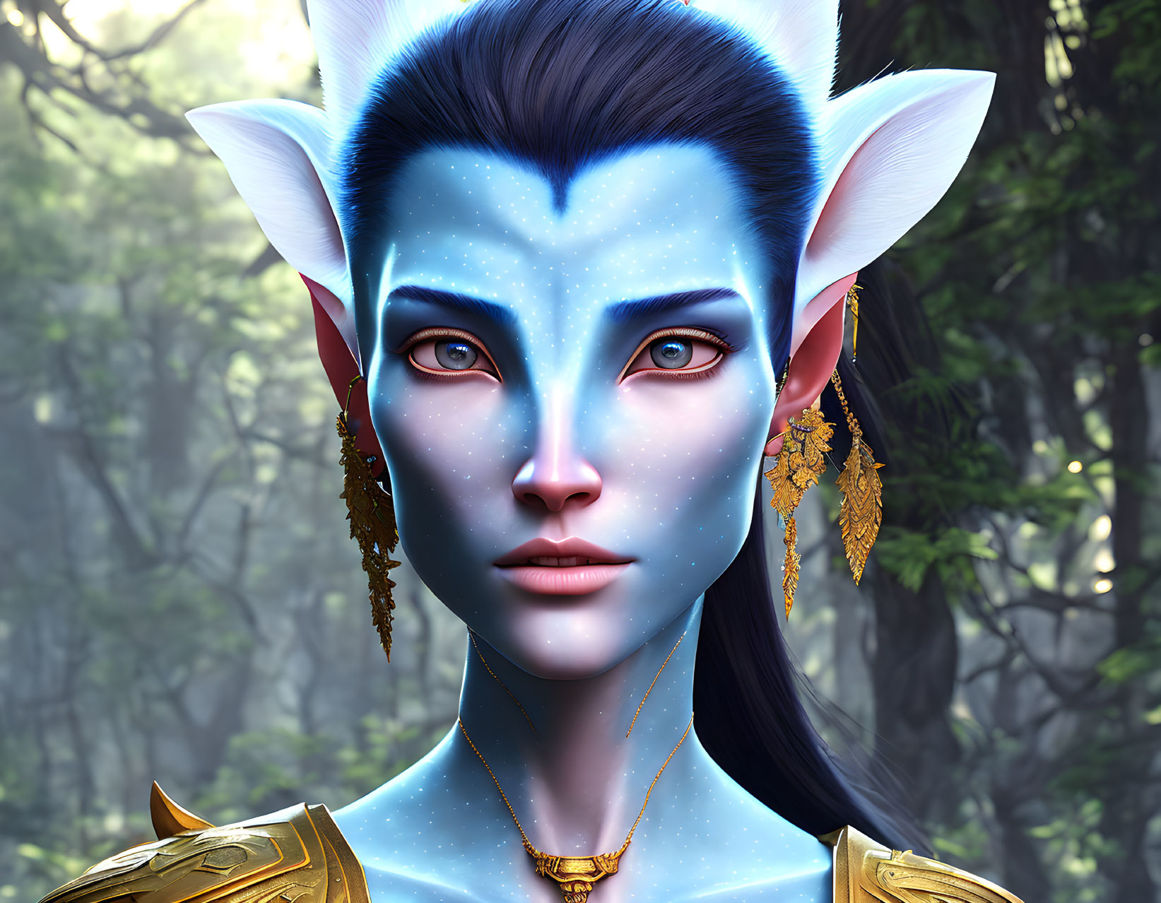 Blue-skinned female character with pointed ears and star-like freckles in forest setting.