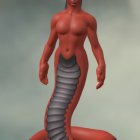 Digital artwork of female figure with serpent lower body in bikini top, sash, mystical desert landscape.
