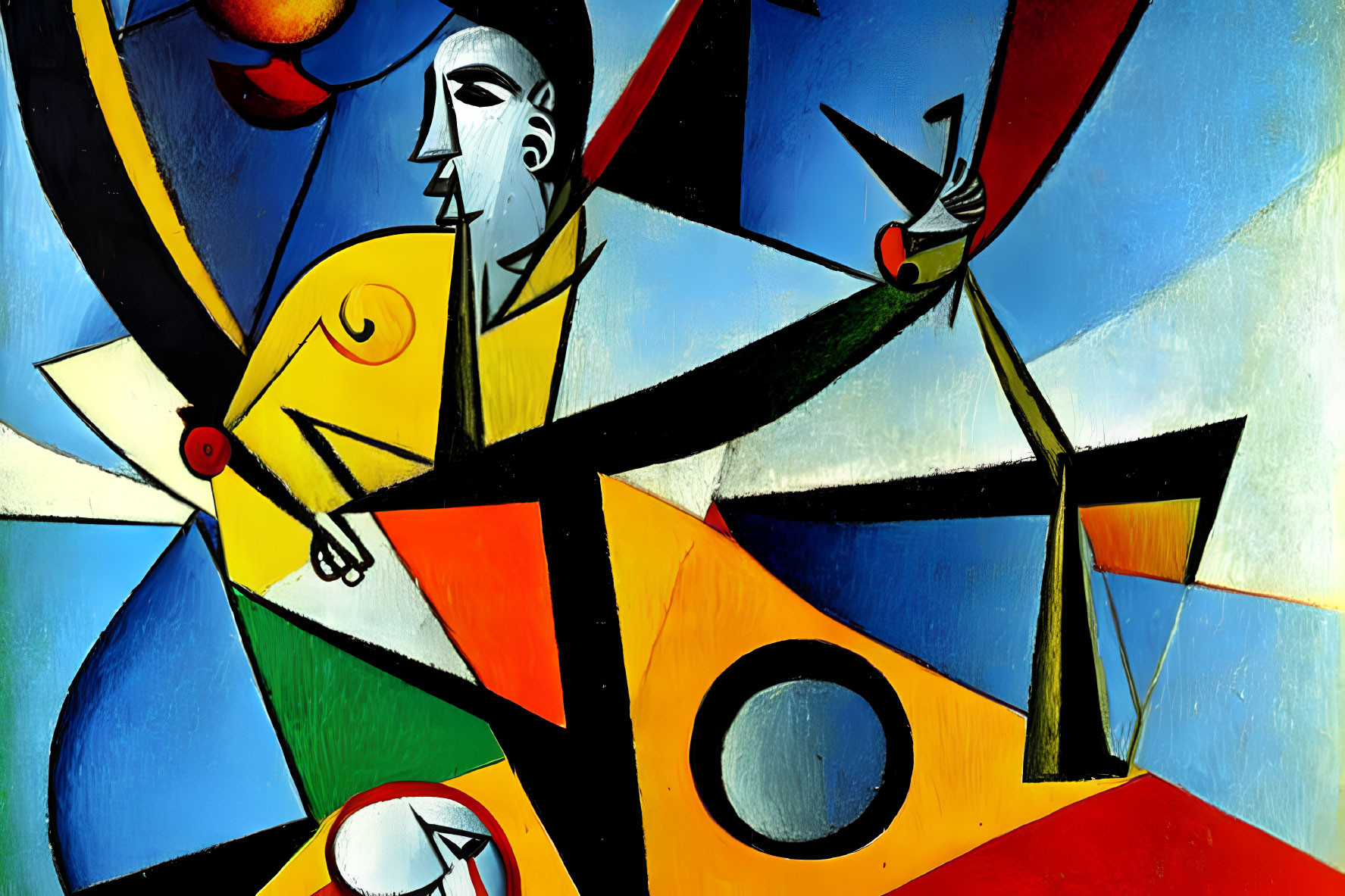 Colorful Cubist Painting with Geometric Shapes and Fragmented Figures