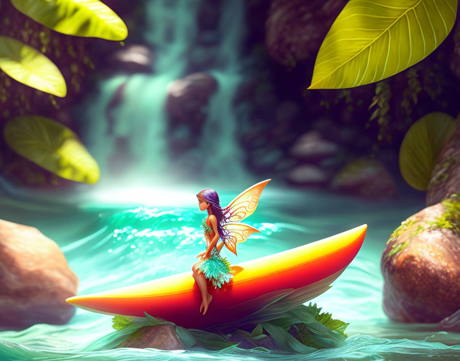Whimsical fairy on leaf by serene waterfalls
